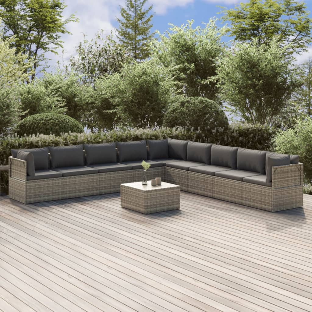10 pièces. Salon de jardin avec coussins en polyrotin gris