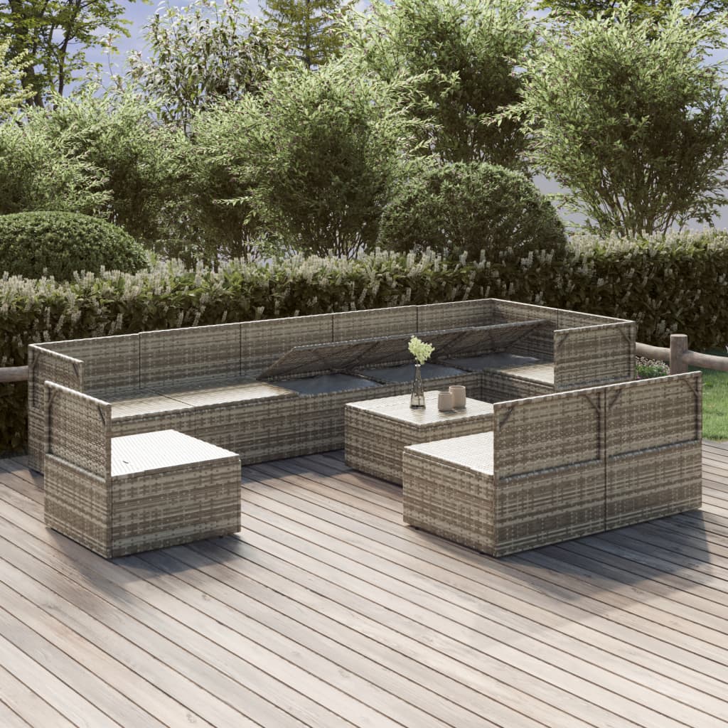 10 pièces. Salon de jardin avec coussins en polyrotin gris