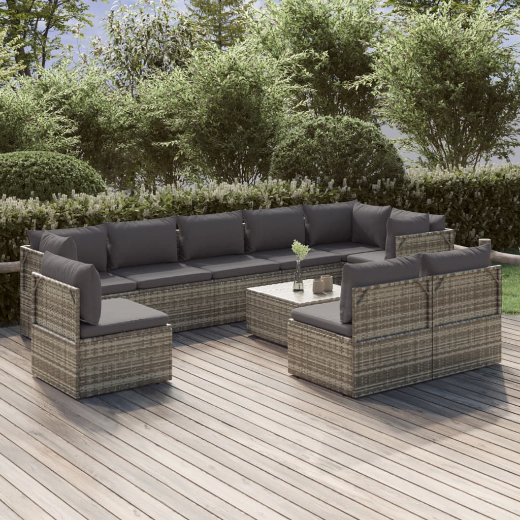 10 pièces. Salon de jardin avec coussins en polyrotin gris