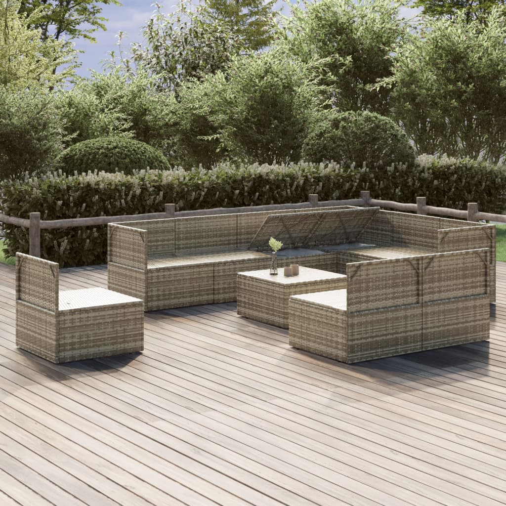 10 pièces. Salon de jardin avec coussins en polyrotin gris