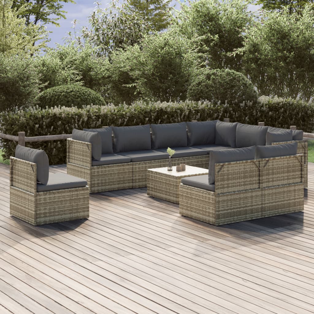 10 pièces. Salon de jardin avec coussins en polyrotin gris