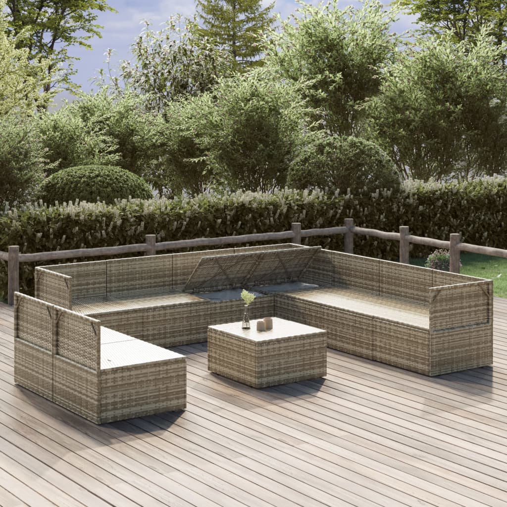 10 pièces. Salon de jardin avec coussins en polyrotin gris