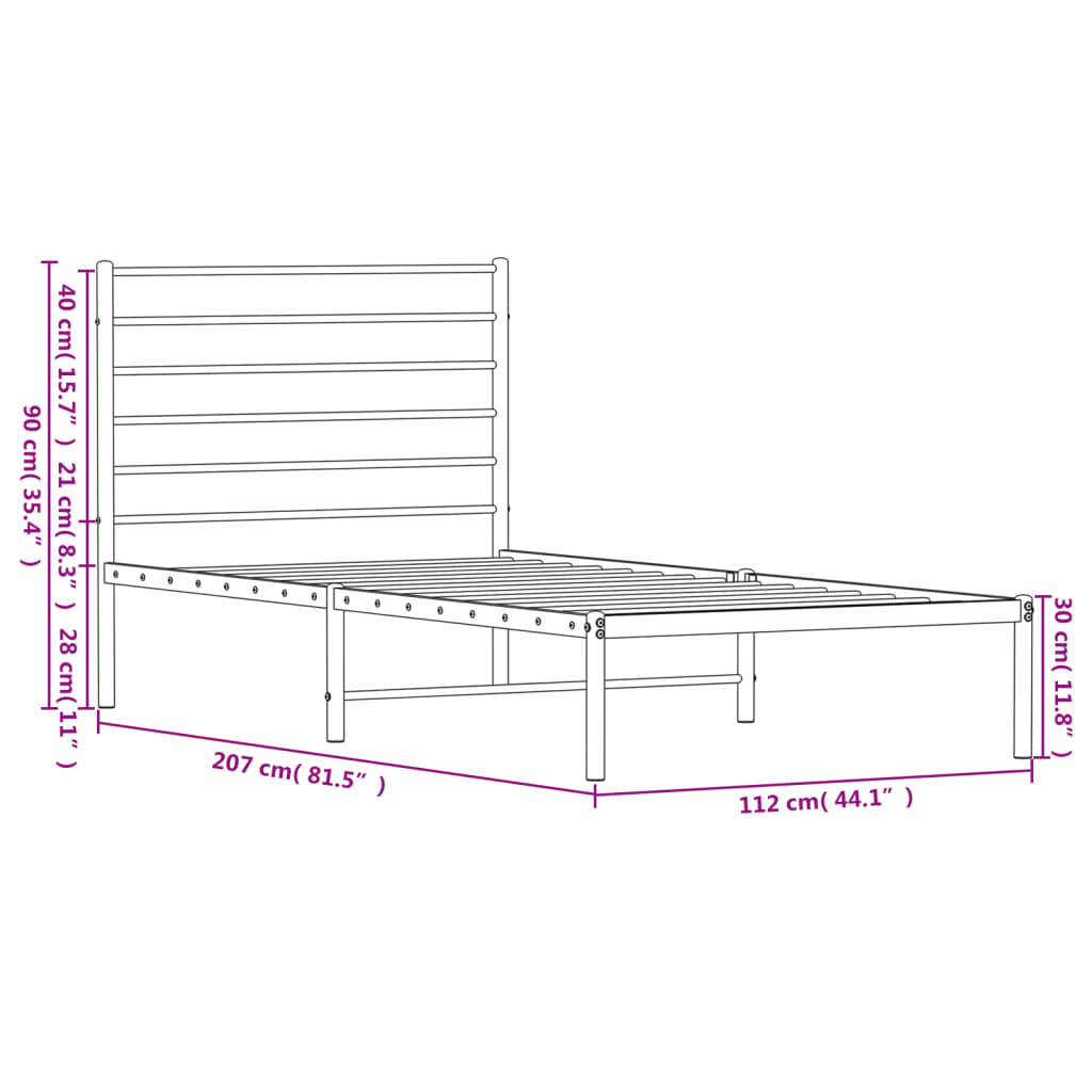 Bed frame with headboard metal black 107x203 cm
