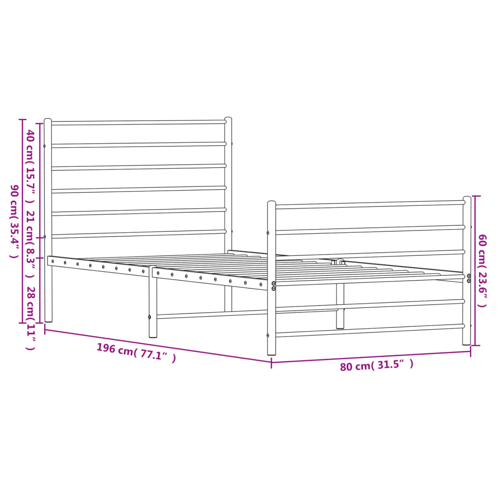 Bed frame with head and footboard metal black 75x190 cm