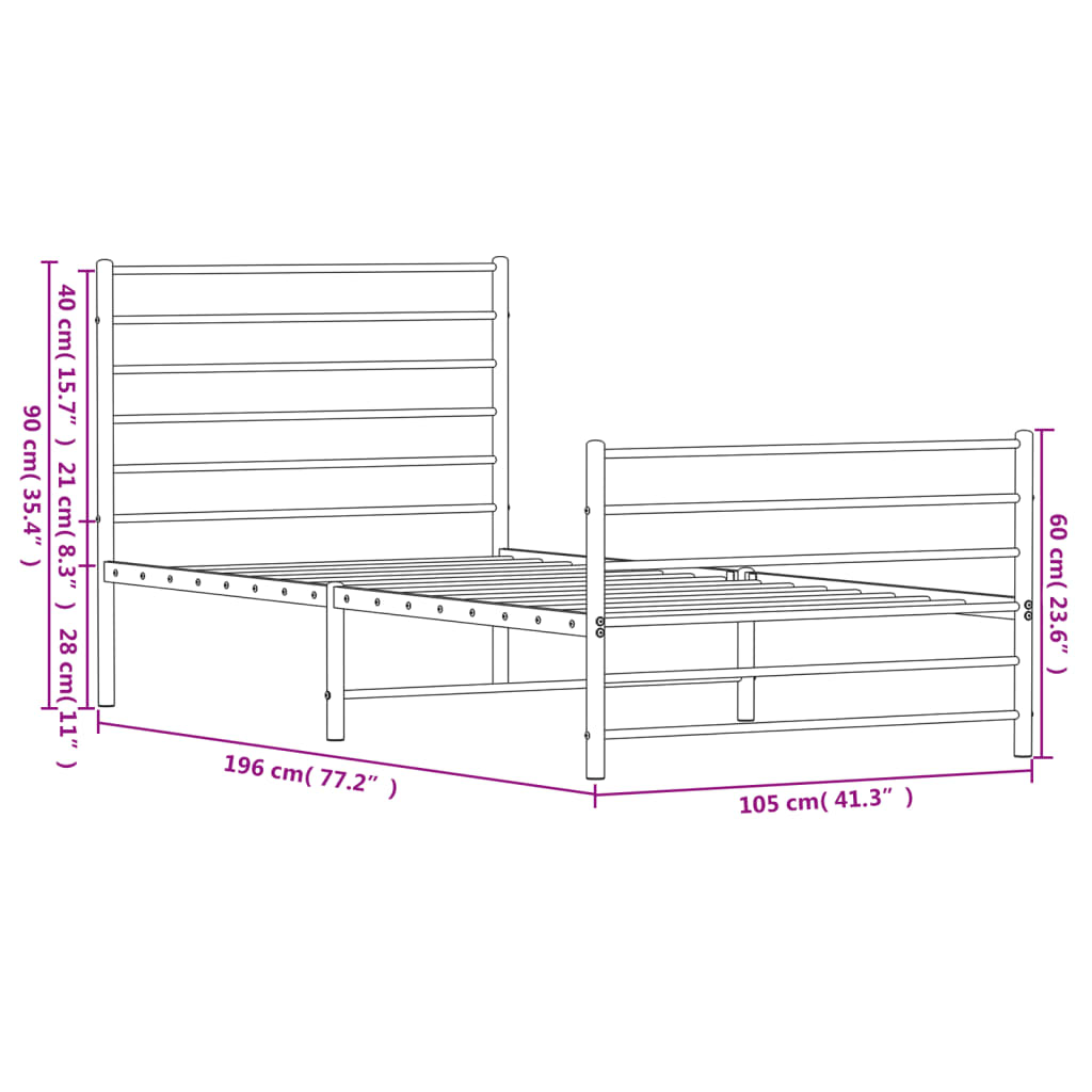 Bed frame with head and footboard metal white 100x190 cm