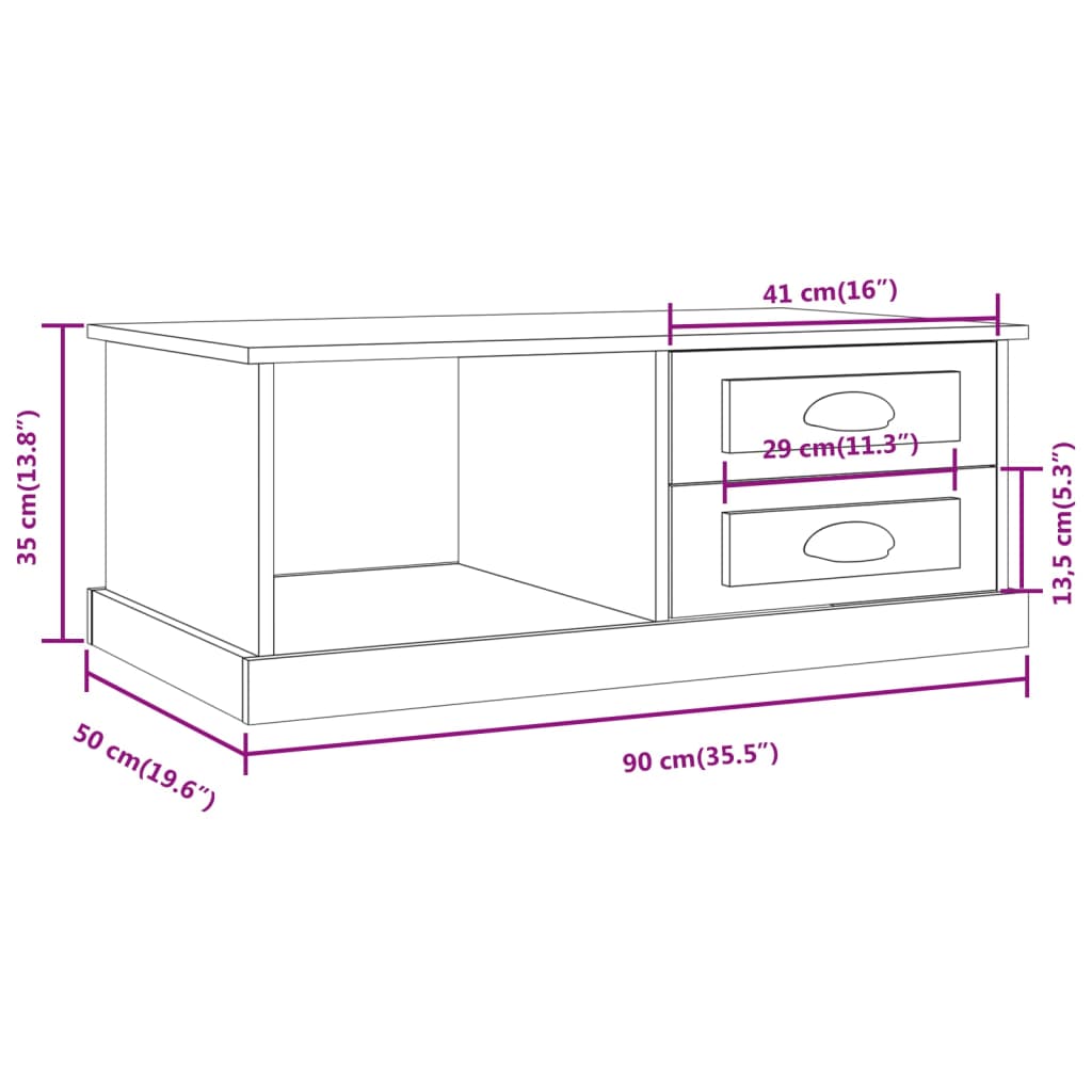 Table basse blanche 90x50x35 cm en bois