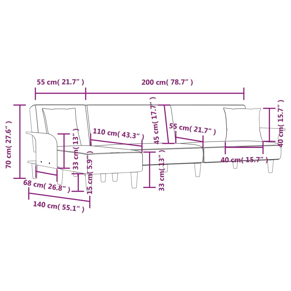 L-shaped sofa bed in dark grey 279x140x70 cm fabric