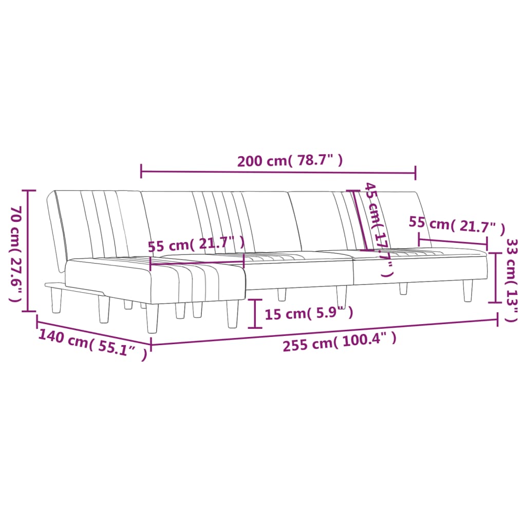 L-shaped sofa bed in dark grey 255x140x70 cm fabric