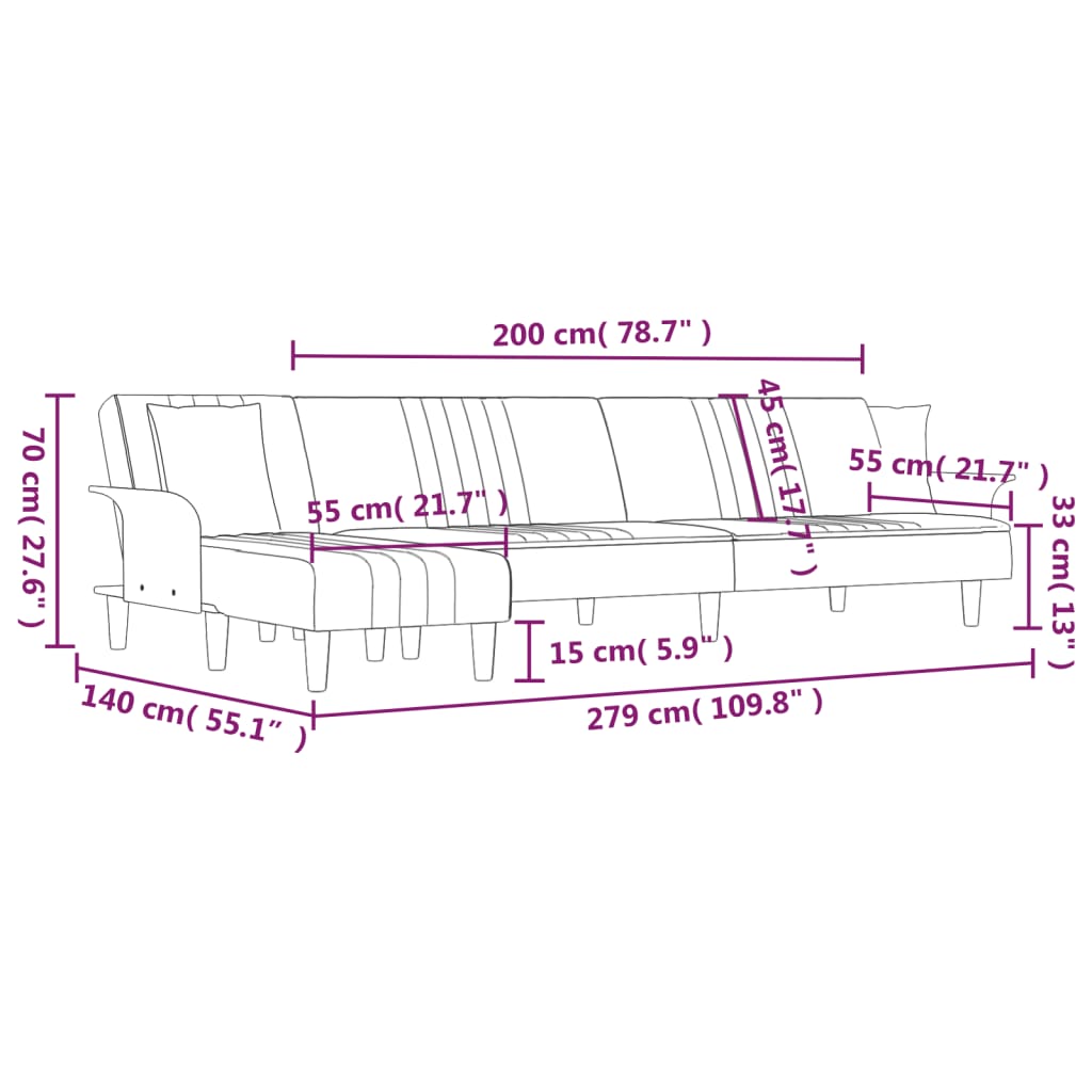 L-shaped sofa bed in dark grey 279x140x70 cm fabric