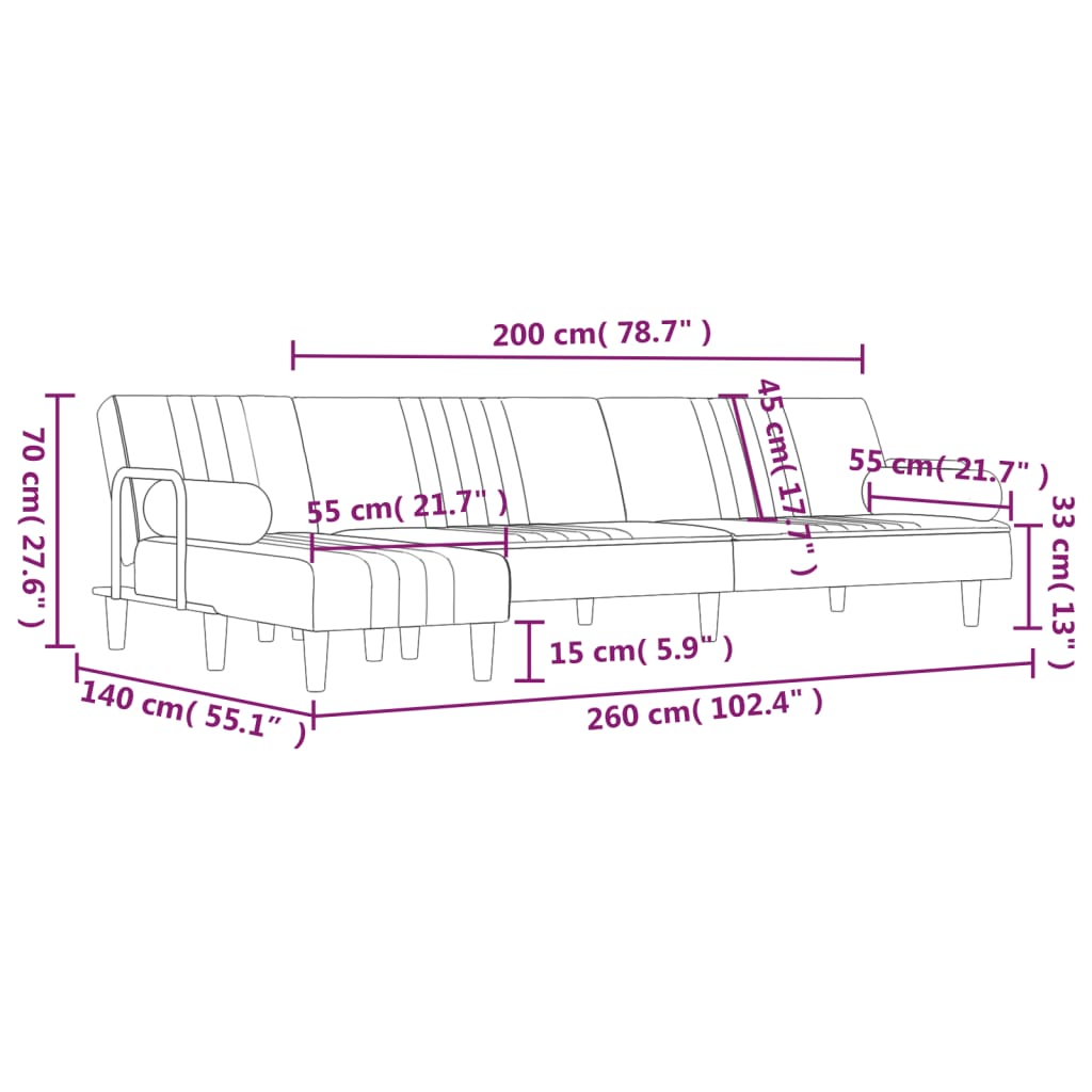 L-shaped sofa bed blue 260x140x70 cm velvet