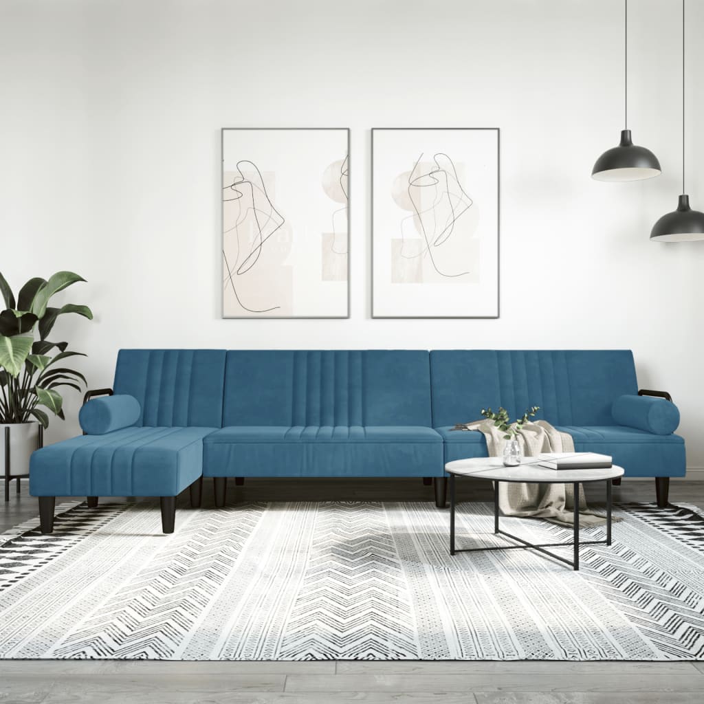 L-shaped sofa bed blue 260x140x70 cm velvet
