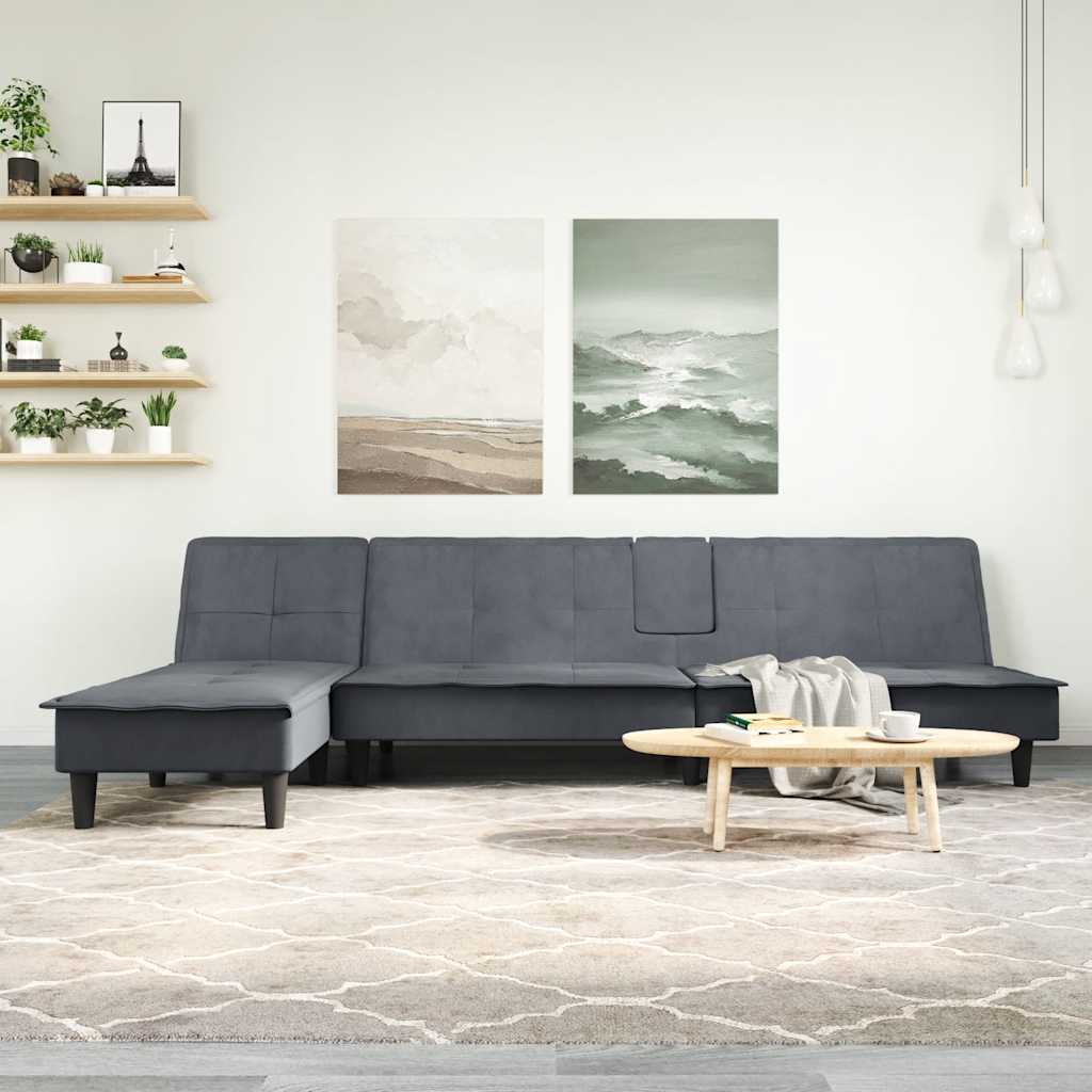 L-shaped sofa bed dark grey 255x140x70 cm velvet