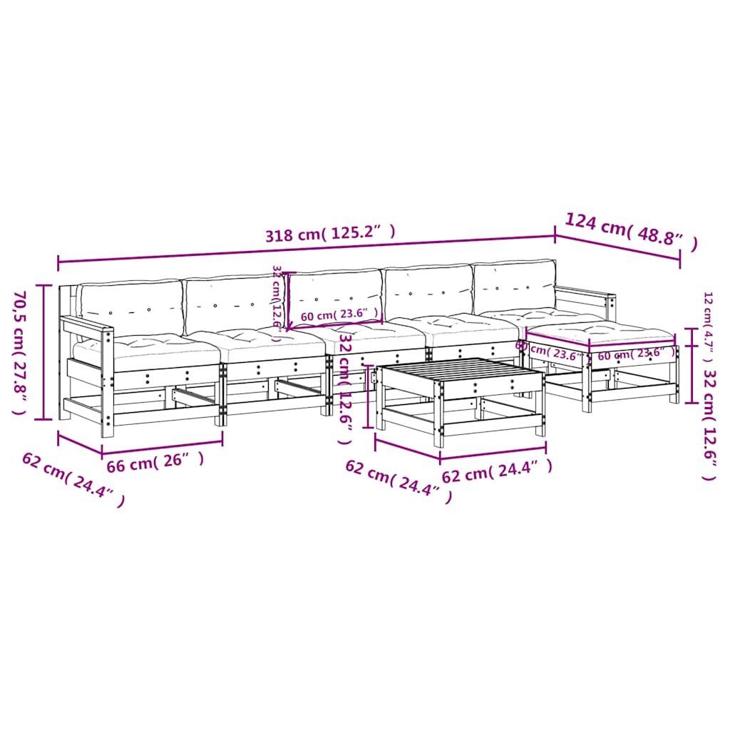 7-tlg. Garten-Lounge-Set mit Kissen Grau Massivholz