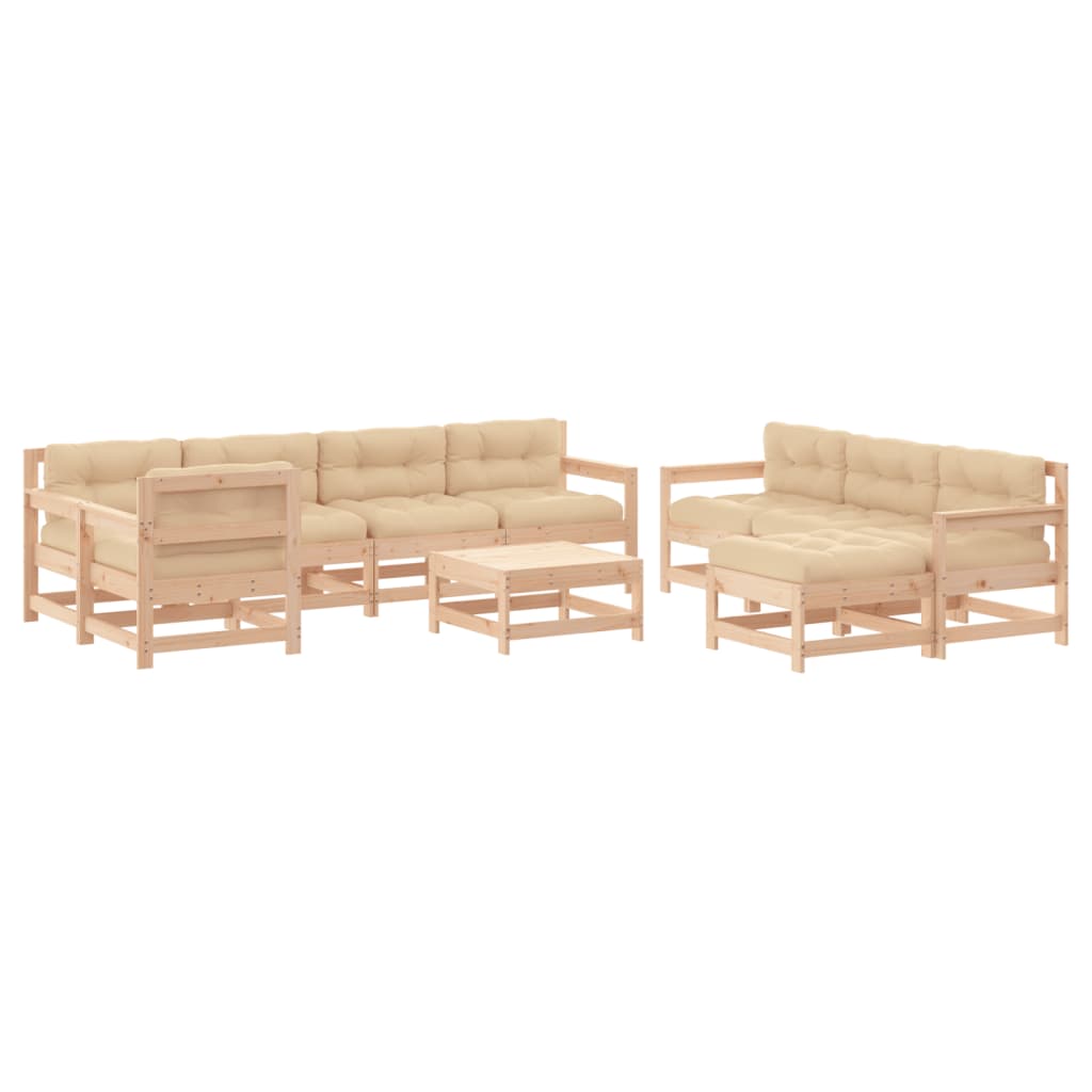 Salon de jardin 10 pièces avec coussins en bois massif