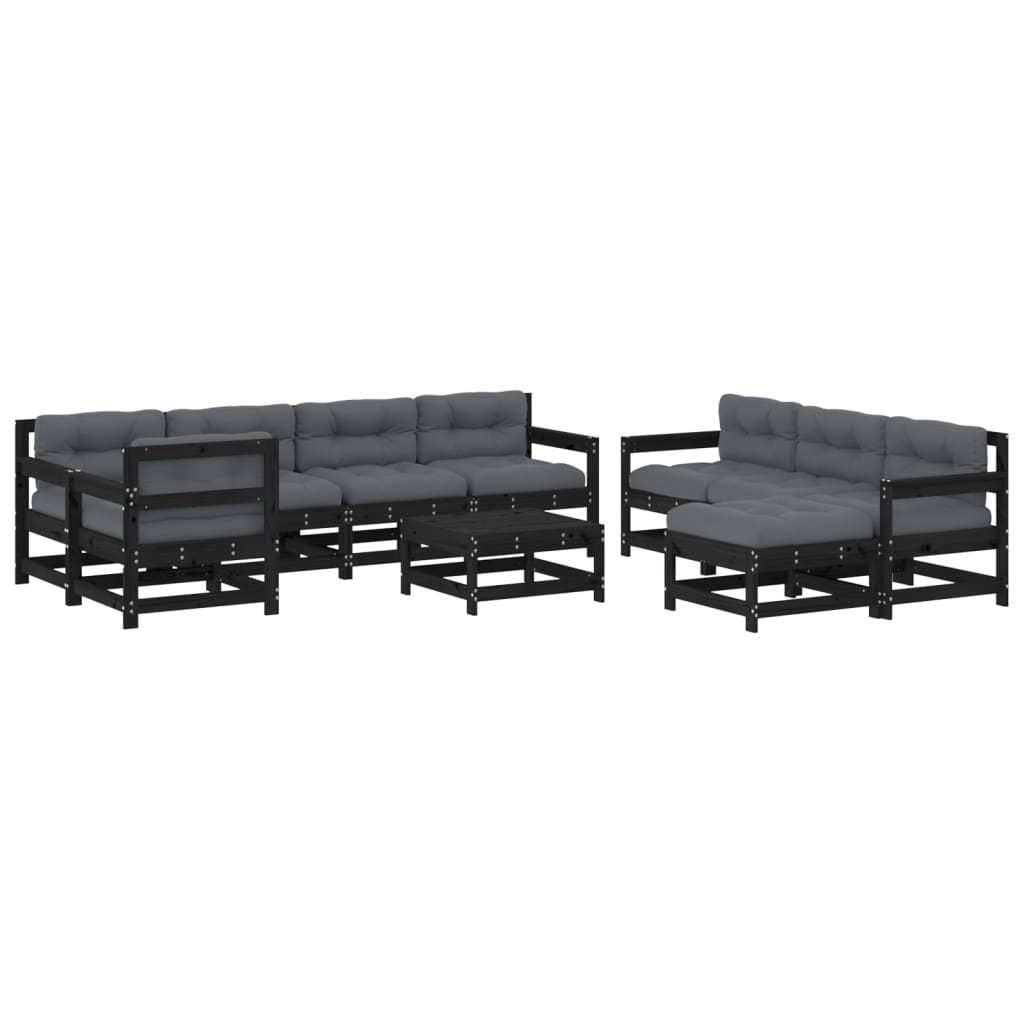 Salon de jardin 10 pièces avec coussins, noir, bois massif