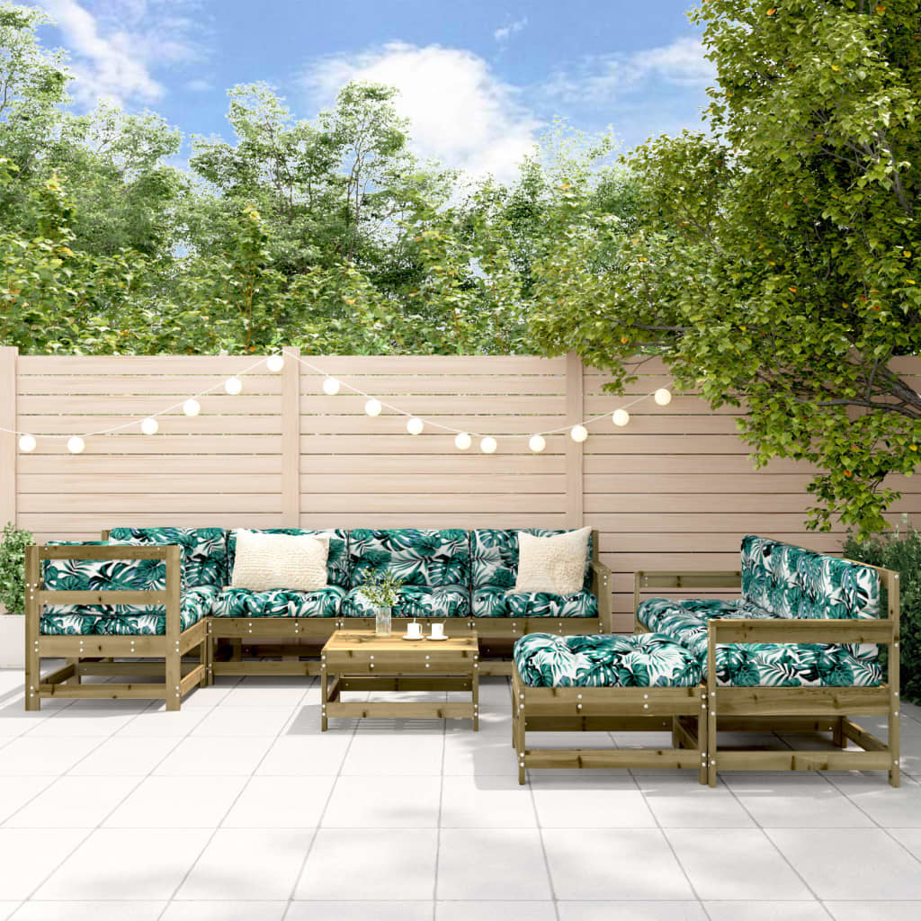 Salon de jardin 10 pièces avec coussins, en pin imprégné