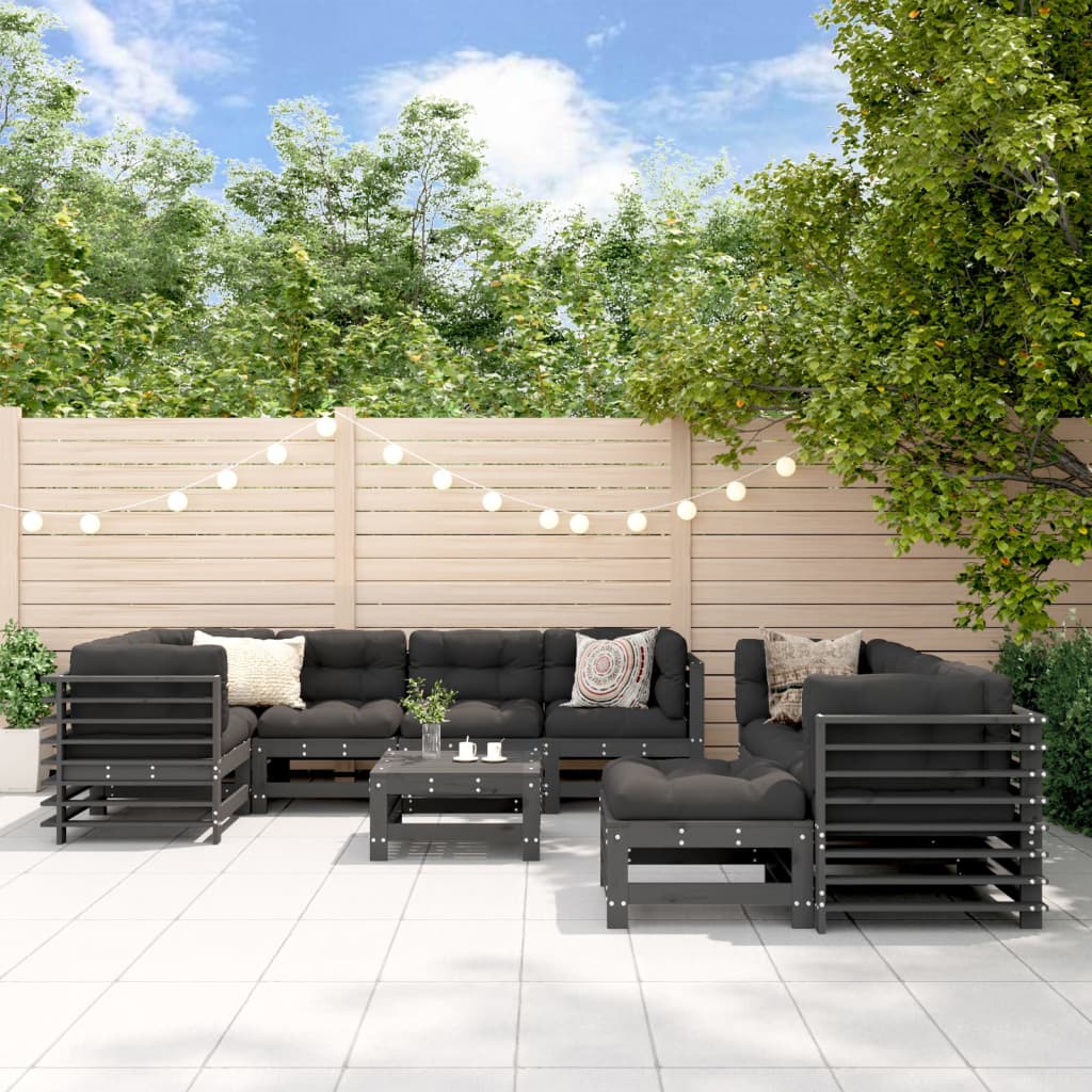 Salon de jardin 10 pièces avec coussins, gris, bois massif