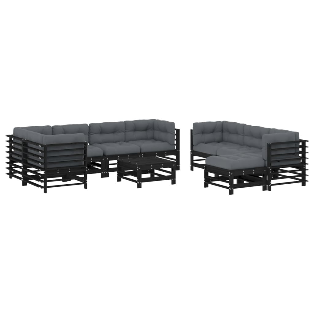 Salon de jardin 10 pièces avec coussins, noir, bois massif