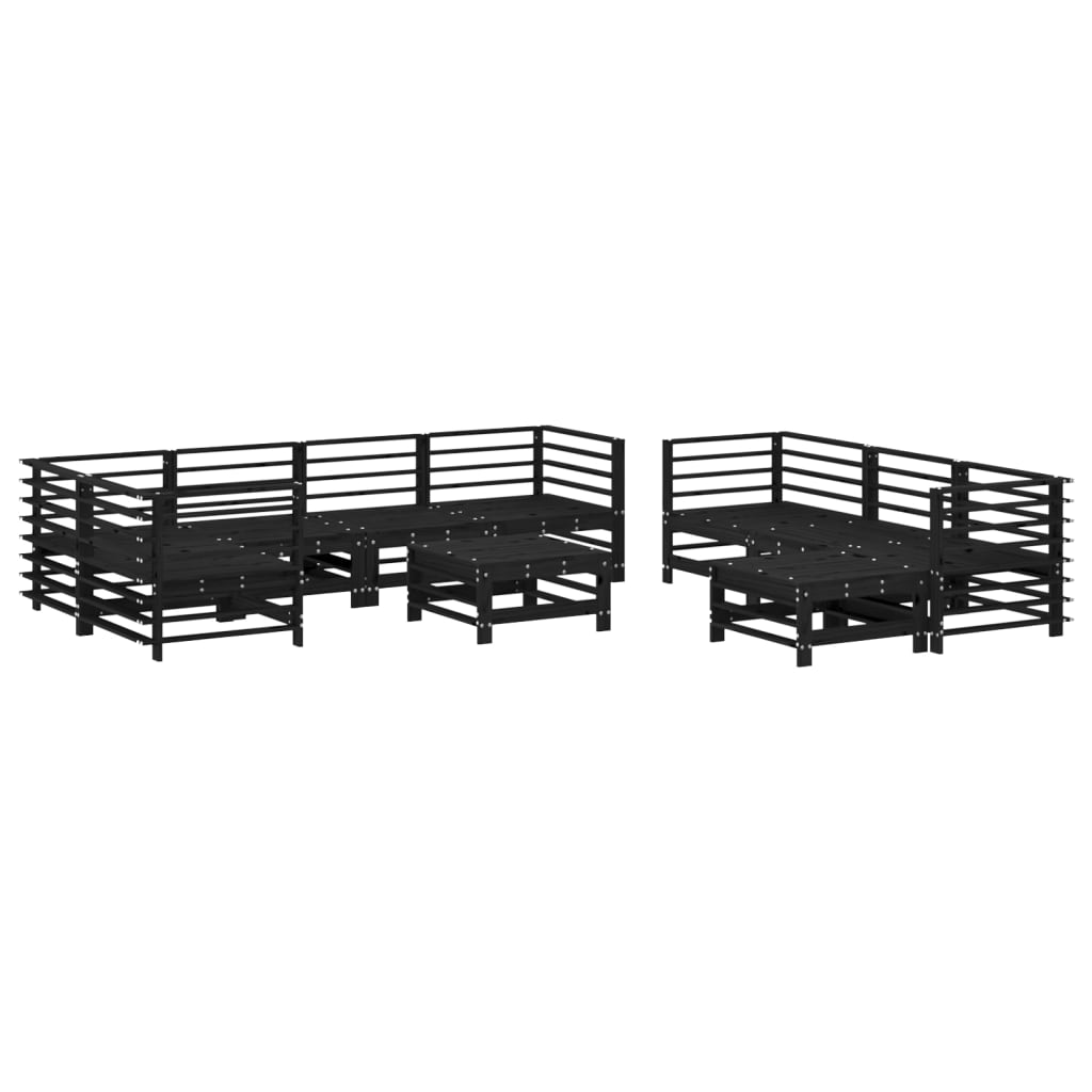 Salon de jardin 10 pièces avec coussins, noir, bois massif
