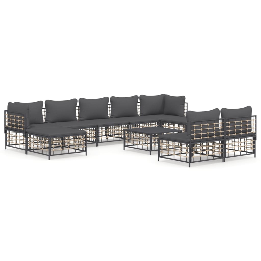 Salon de jardin 10 pièces avec coussins, anthracite, polyrotin