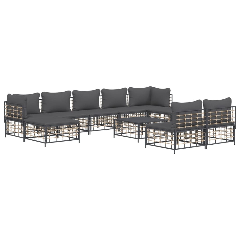 Salon de jardin 10 pièces avec coussins, anthracite, polyrotin