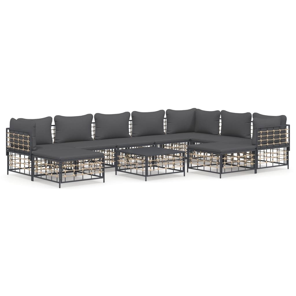 Salon de jardin 10 pièces avec coussins, anthracite, polyrotin