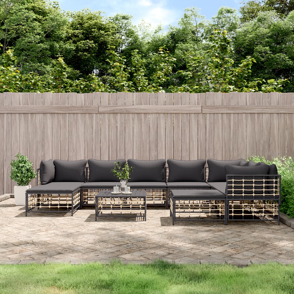Salon de jardin 10 pièces avec coussins, anthracite, polyrotin