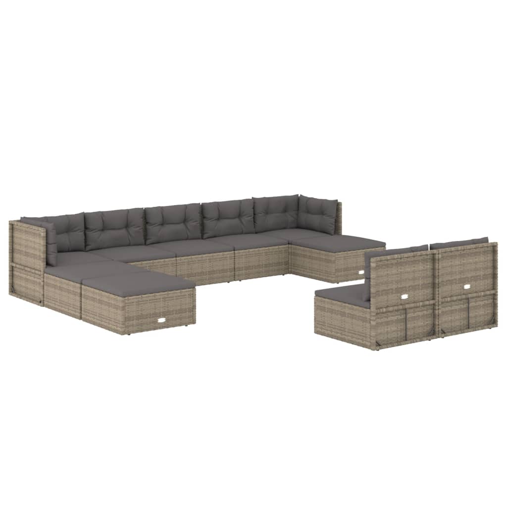 10-tlg. Garten-Lounge-Set mit Kissen Grau Poly Rattan