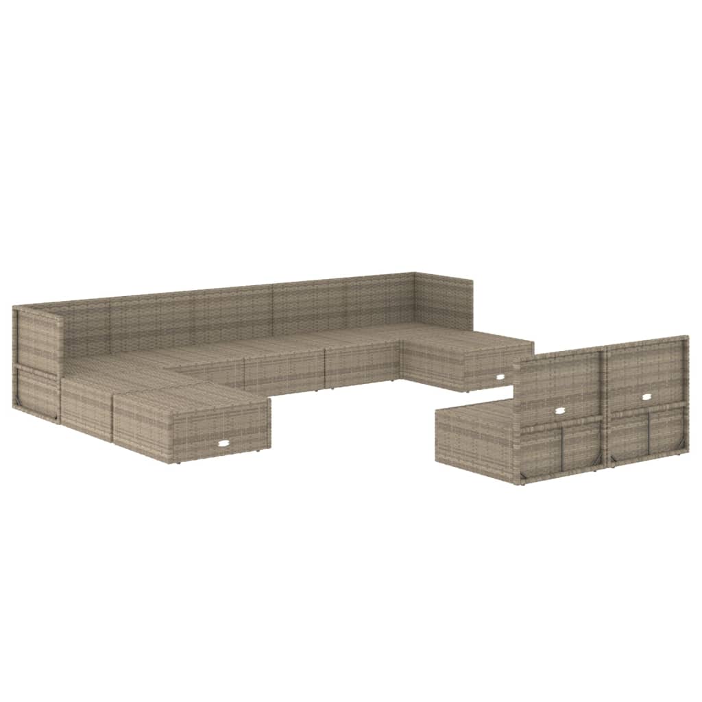 10-tlg. Garten-Lounge-Set mit Kissen Grau Poly Rattan