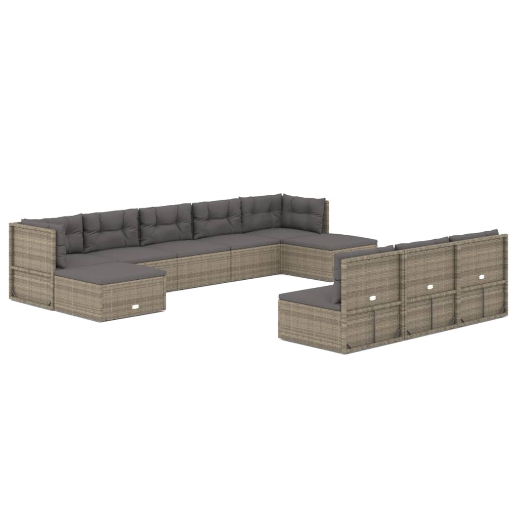 10-tlg. Garten-Lounge-Set mit Kissen Grau Poly Rattan
