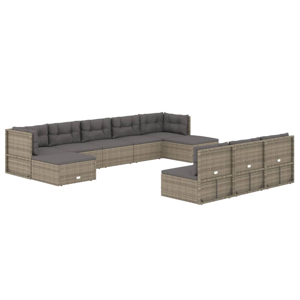 10-tlg. Garten-Lounge-Set mit Kissen Grau Poly Rattan