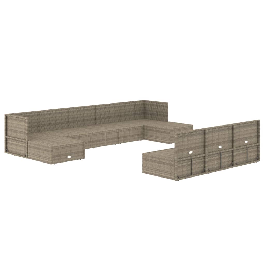 10-tlg. Garten-Lounge-Set mit Kissen Grau Poly Rattan