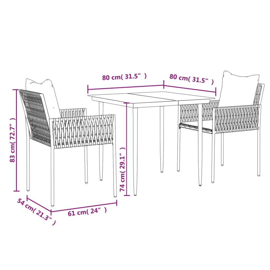 3-tlg. Garten-Essgruppe mit Kissen Poly Rattan und Stahl