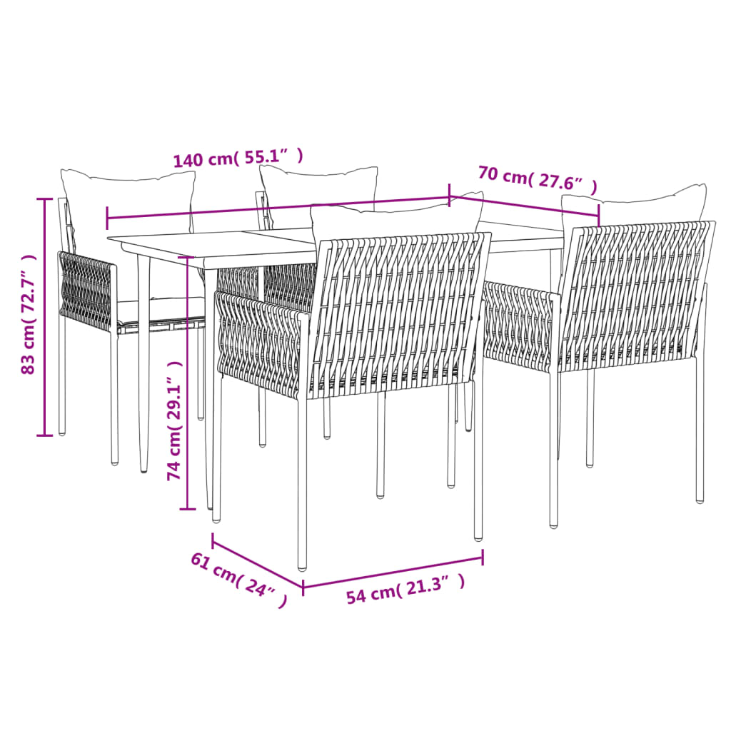 5-tlg. Garten-Essgruppe mit Kissen Poly Rattan und Stahl