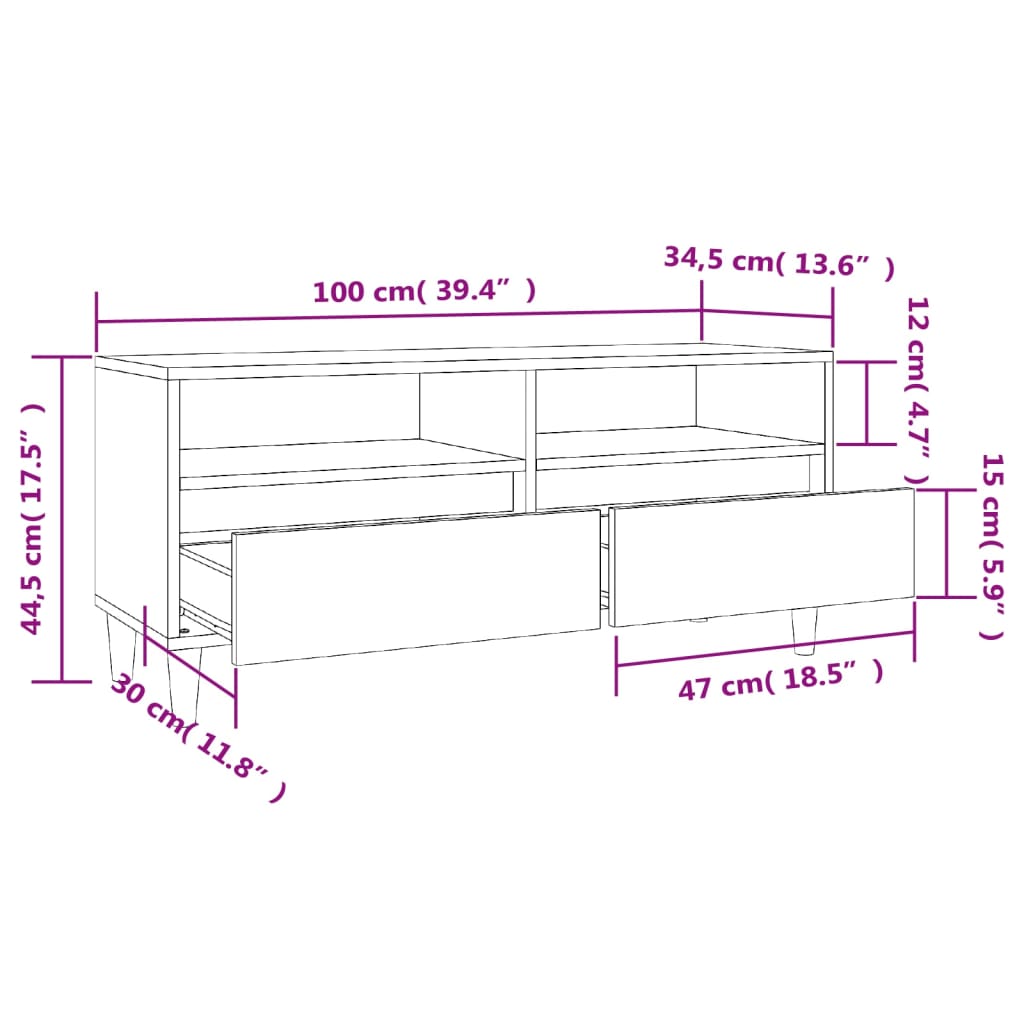 Meuble TV chêne fumé 100x34,5x44,5 cm matériau bois