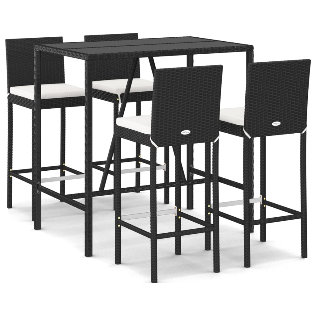 5-tlg. Gartenbar-Set mit Kissen Schwarz Poly Rattan