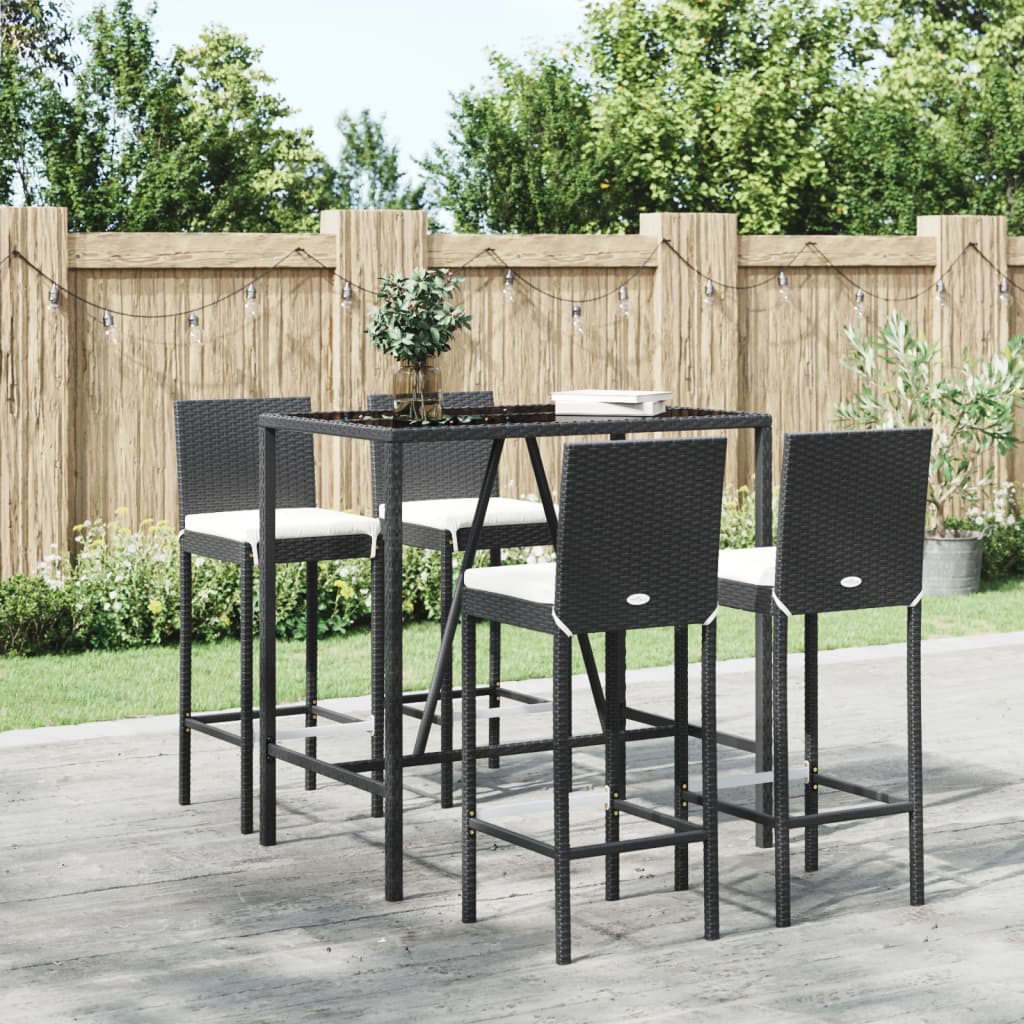 5-tlg. Gartenbar-Set mit Kissen Schwarz Poly Rattan