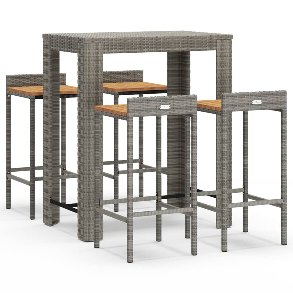 5-piece garden bar set grey poly rattan & solid acacia wood