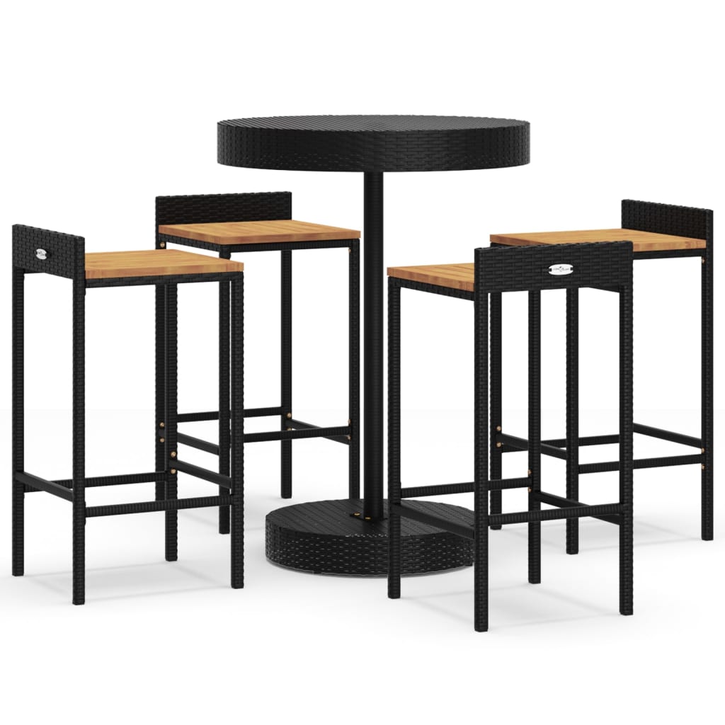 5-piece garden bar set, black, poly rattan and solid acacia wood