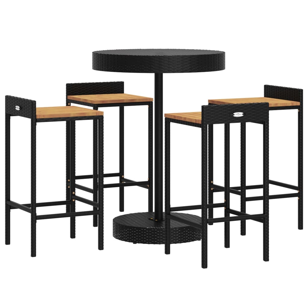 5-piece garden bar set, black, poly rattan and solid acacia wood