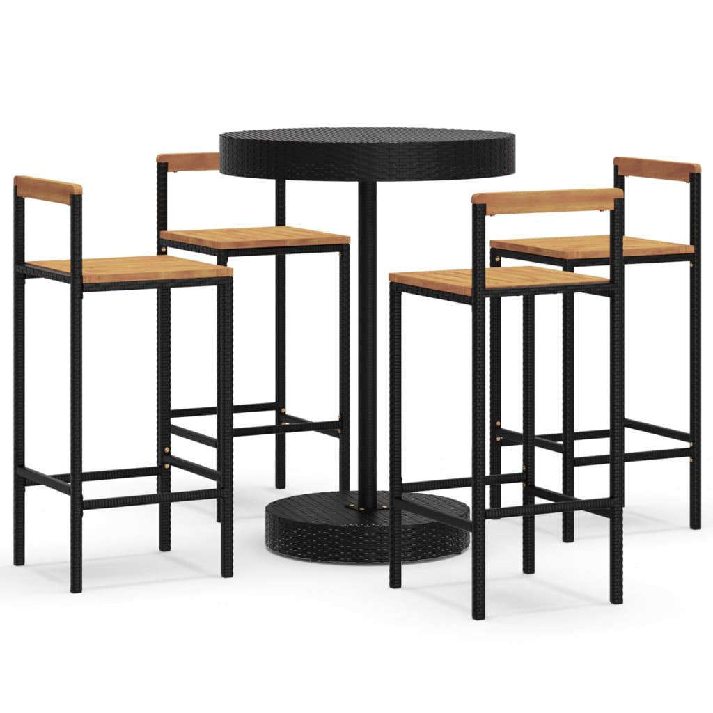 5-piece garden bar set, black, poly rattan and solid acacia wood