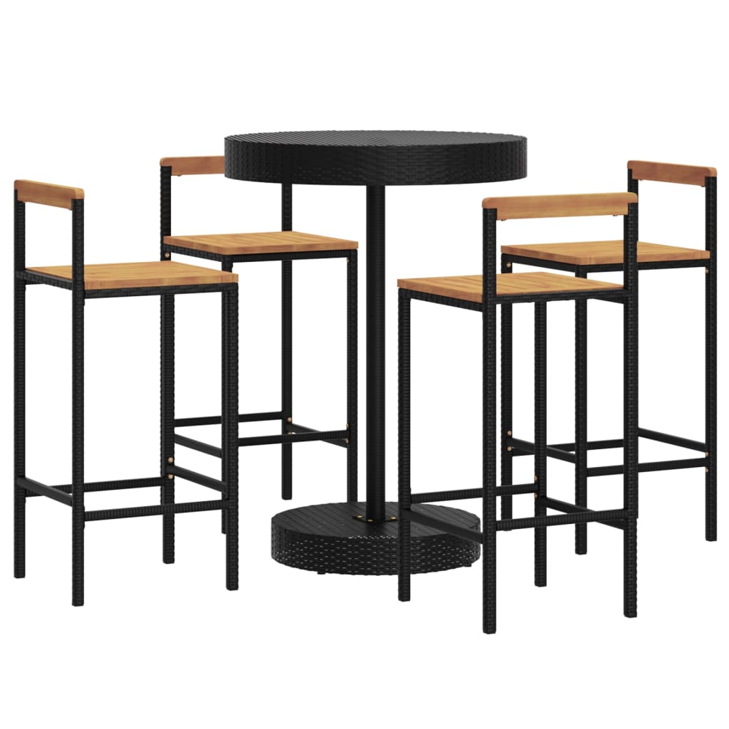 5-piece garden bar set, black, poly rattan and solid acacia wood