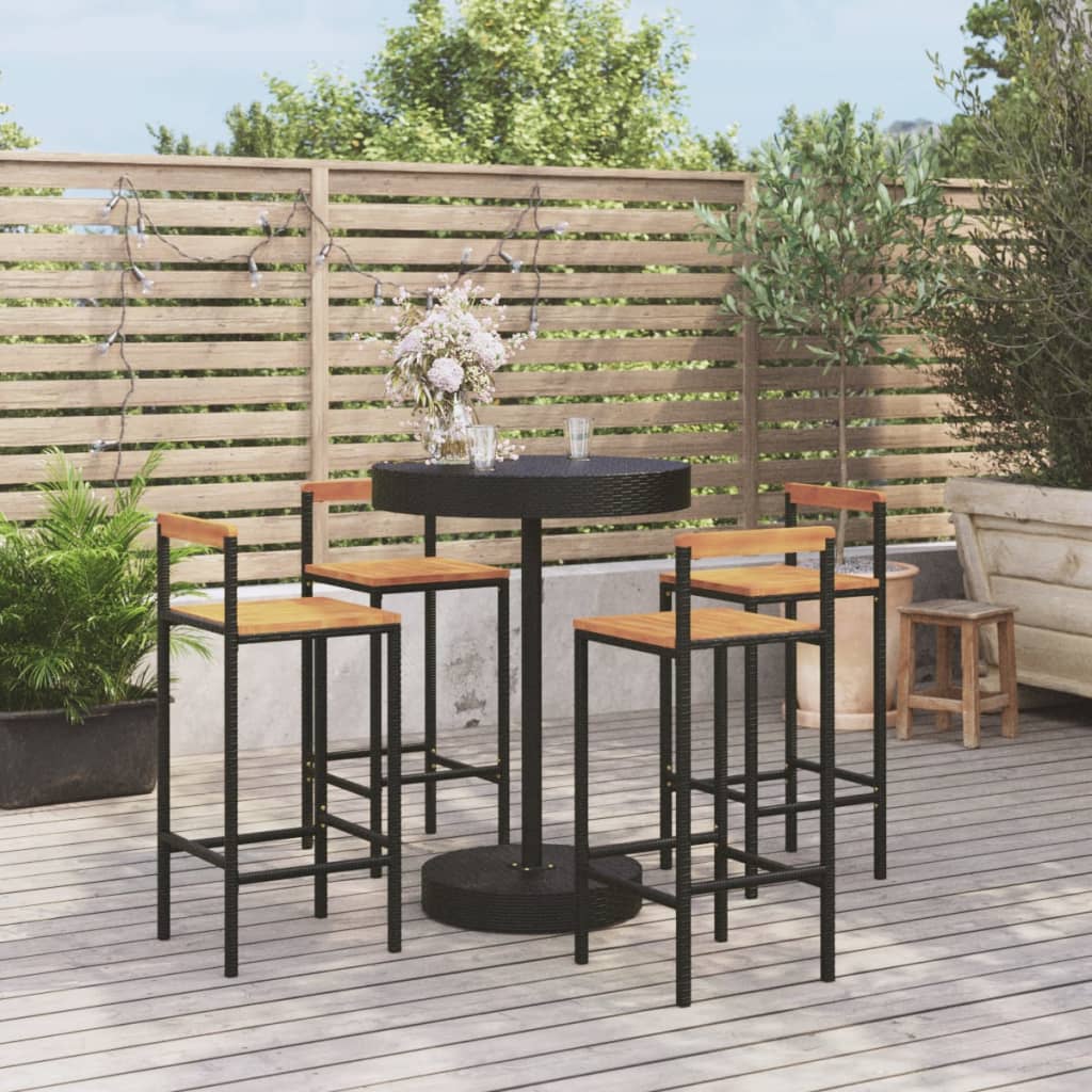 5-piece garden bar set, black, poly rattan and solid acacia wood