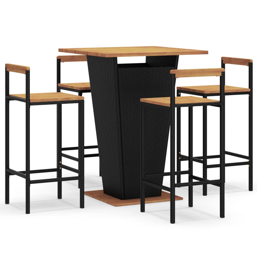 5-tlg. Gartenbar-Set Schwarz Poly Rattan & Massivholz Akazie