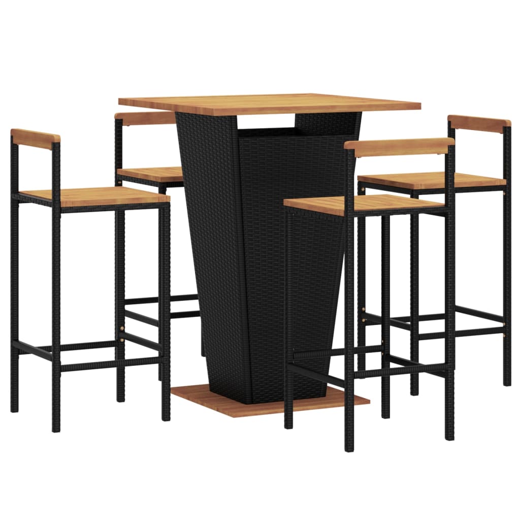 5-tlg. Gartenbar-Set Schwarz Poly Rattan & Massivholz Akazie
