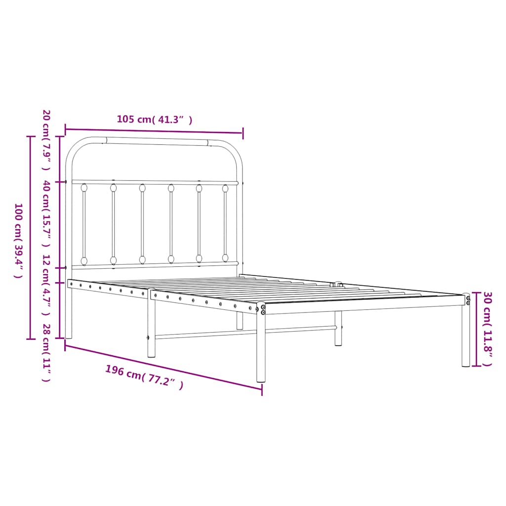 Bed frame with headboard metal white 100x190 cm