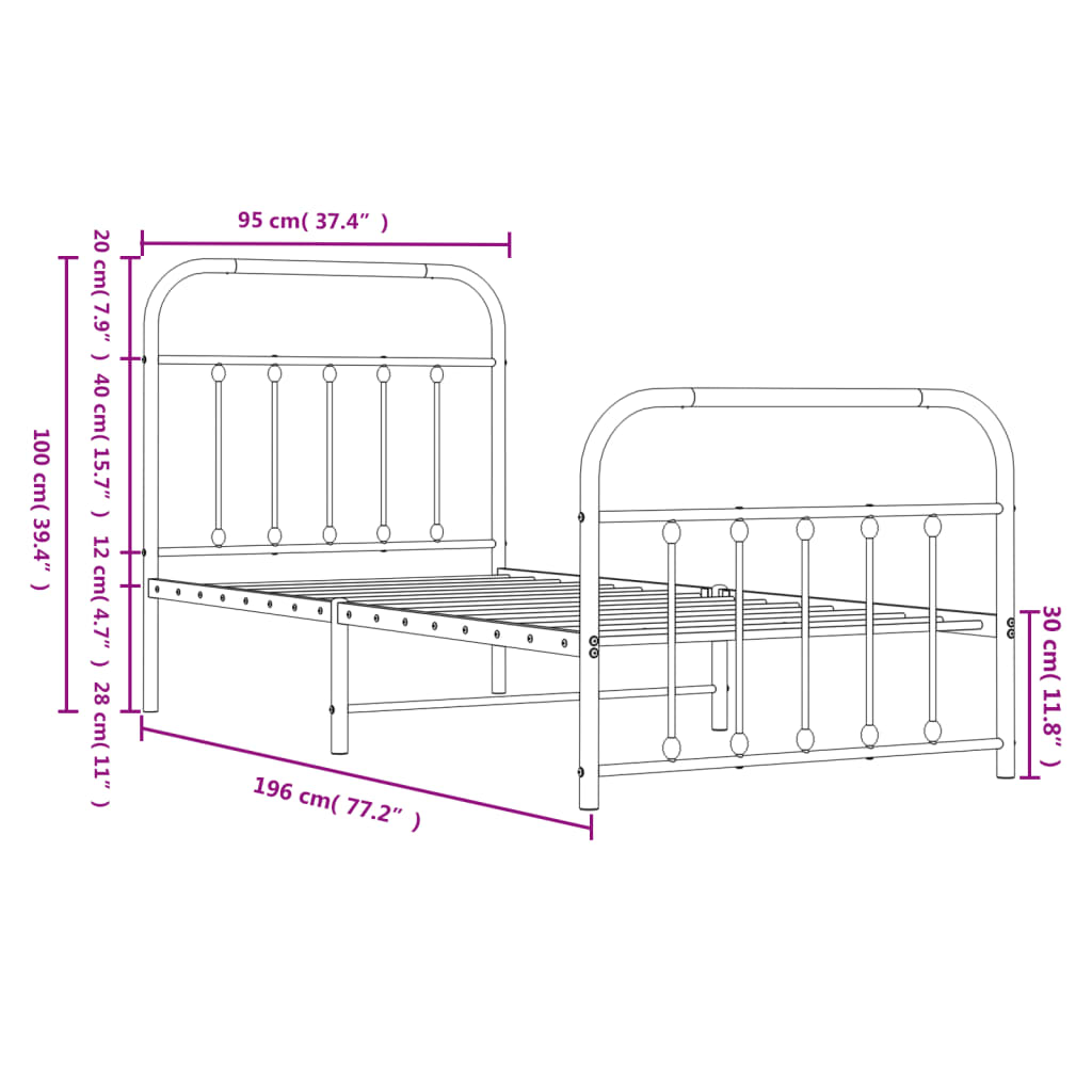 Bed frame with head and footboard metal white 90x190 cm