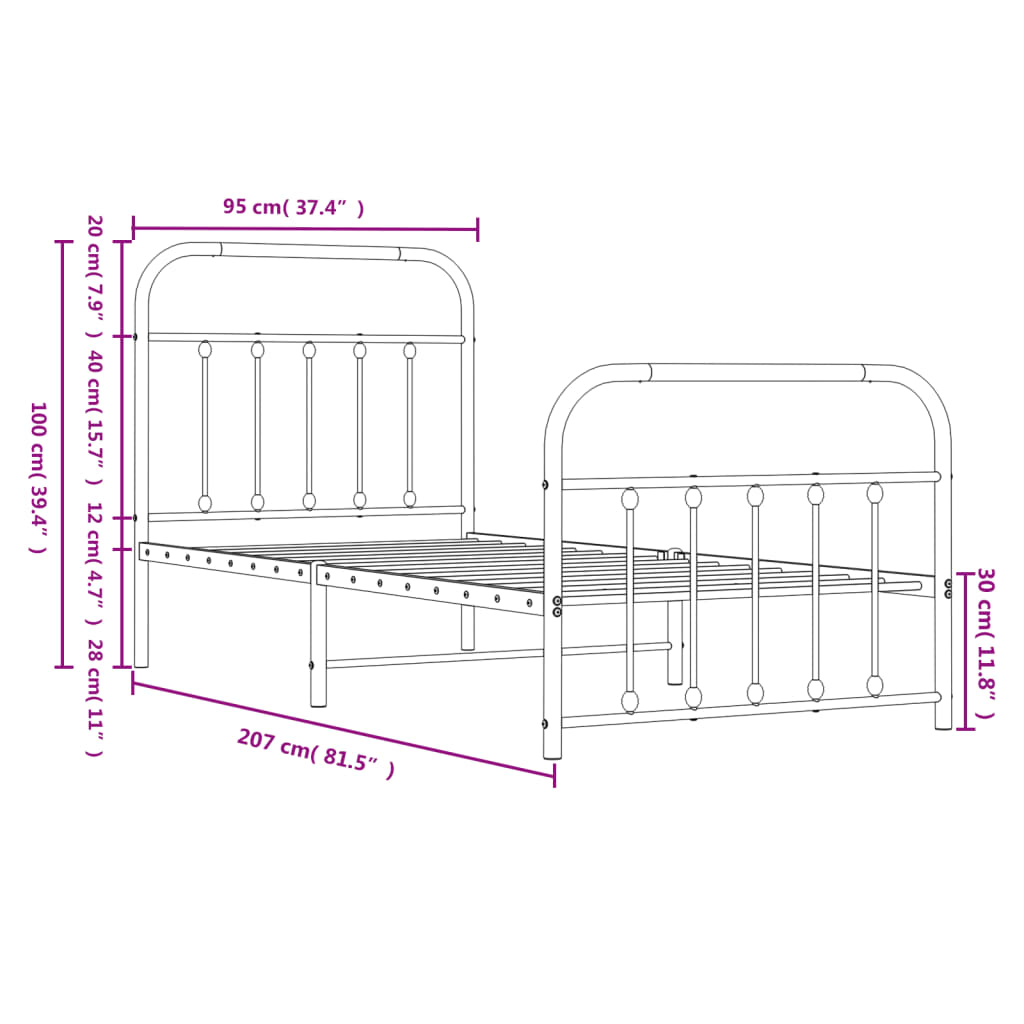 Bed frame with head and footboard metal white 90x200 cm