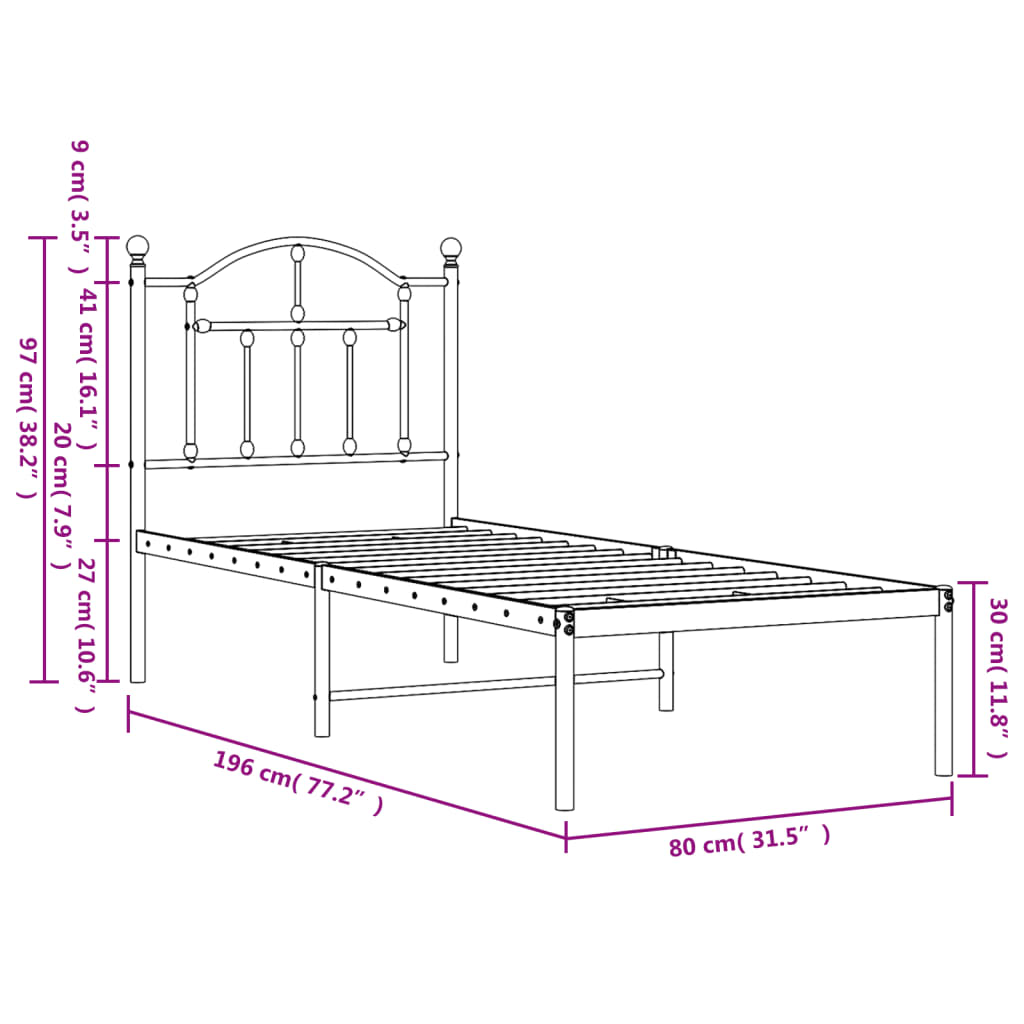 Bed frame with headboard metal black 75x190 cm