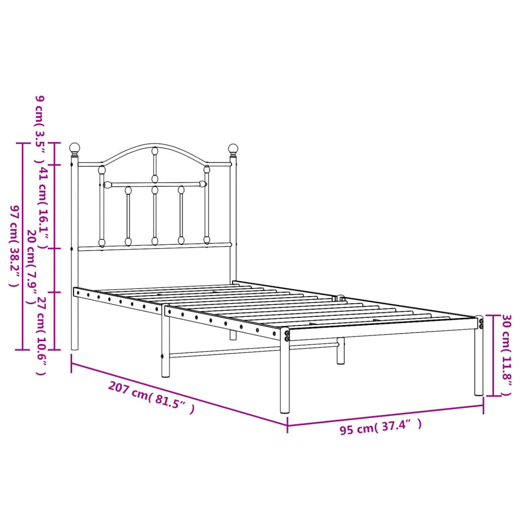 Bed frame with headboard metal black 90x200 cm